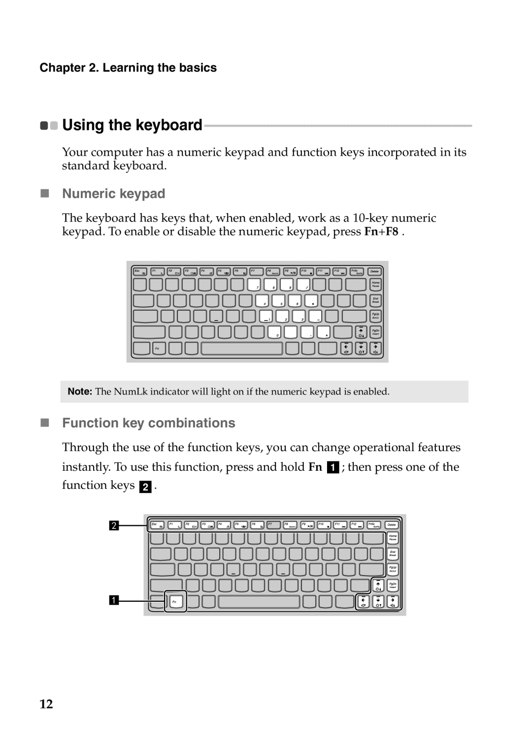 Lenovo V370 manual „ Numeric keypad, „ Function key combinations, Using the keyboard 