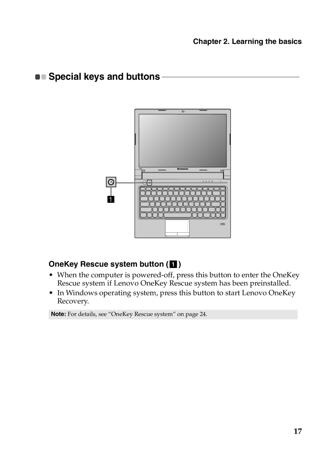 Lenovo V370 manual OneKey Rescue system button a, Special keys and buttons 