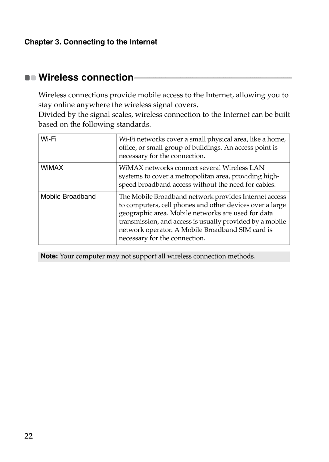 Lenovo V370 manual Wireless connection, Wi-Fi 