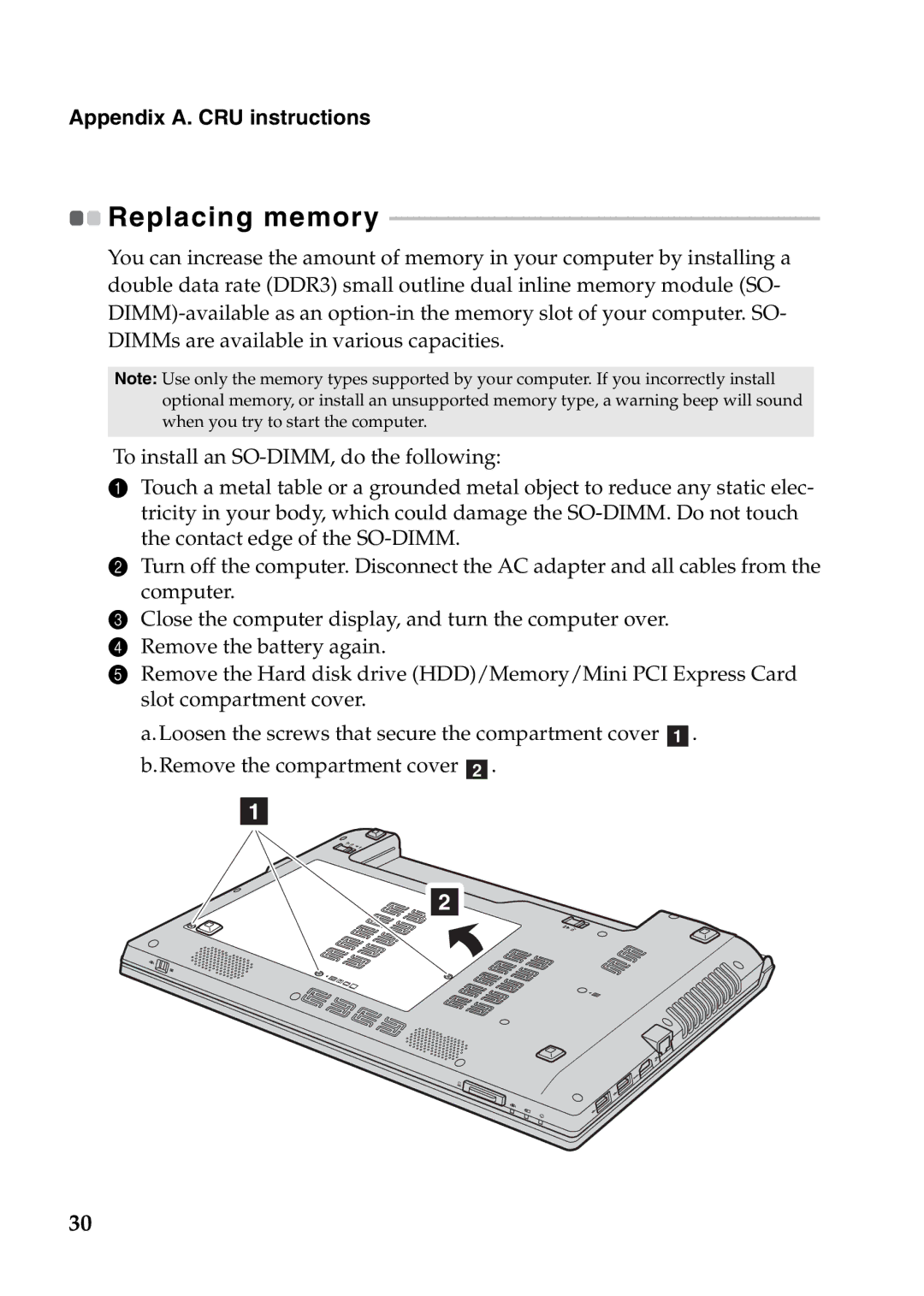 Lenovo V370 manual Replacing memory 