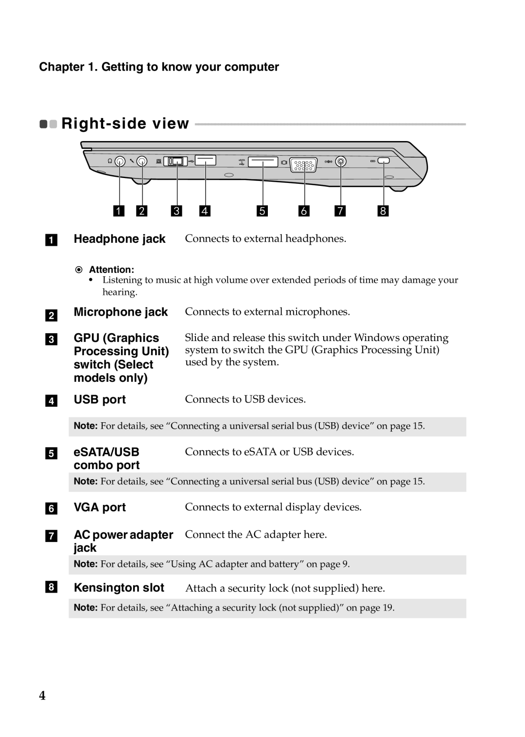 Lenovo V370 manual Right-side view, Combo port VGA port 