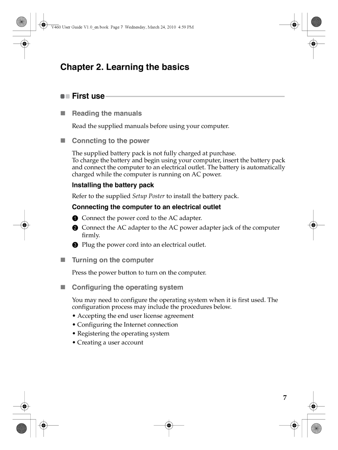 Lenovo V460 Learning the basics, „ Reading the manuals, „ Conncting to the power, „ Turning on the computer 