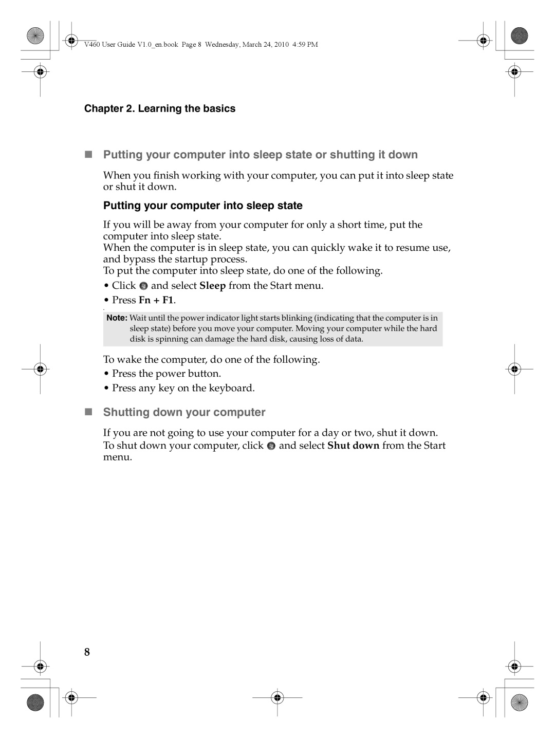 Lenovo V460 manual „ Shutting down your computer, Putting your computer into sleep state, Learning the basics 