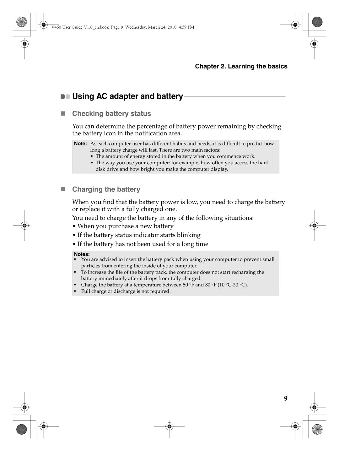 Lenovo V460 manual Using AC adapter and battery, „ Checking battery status, „ Charging the battery 