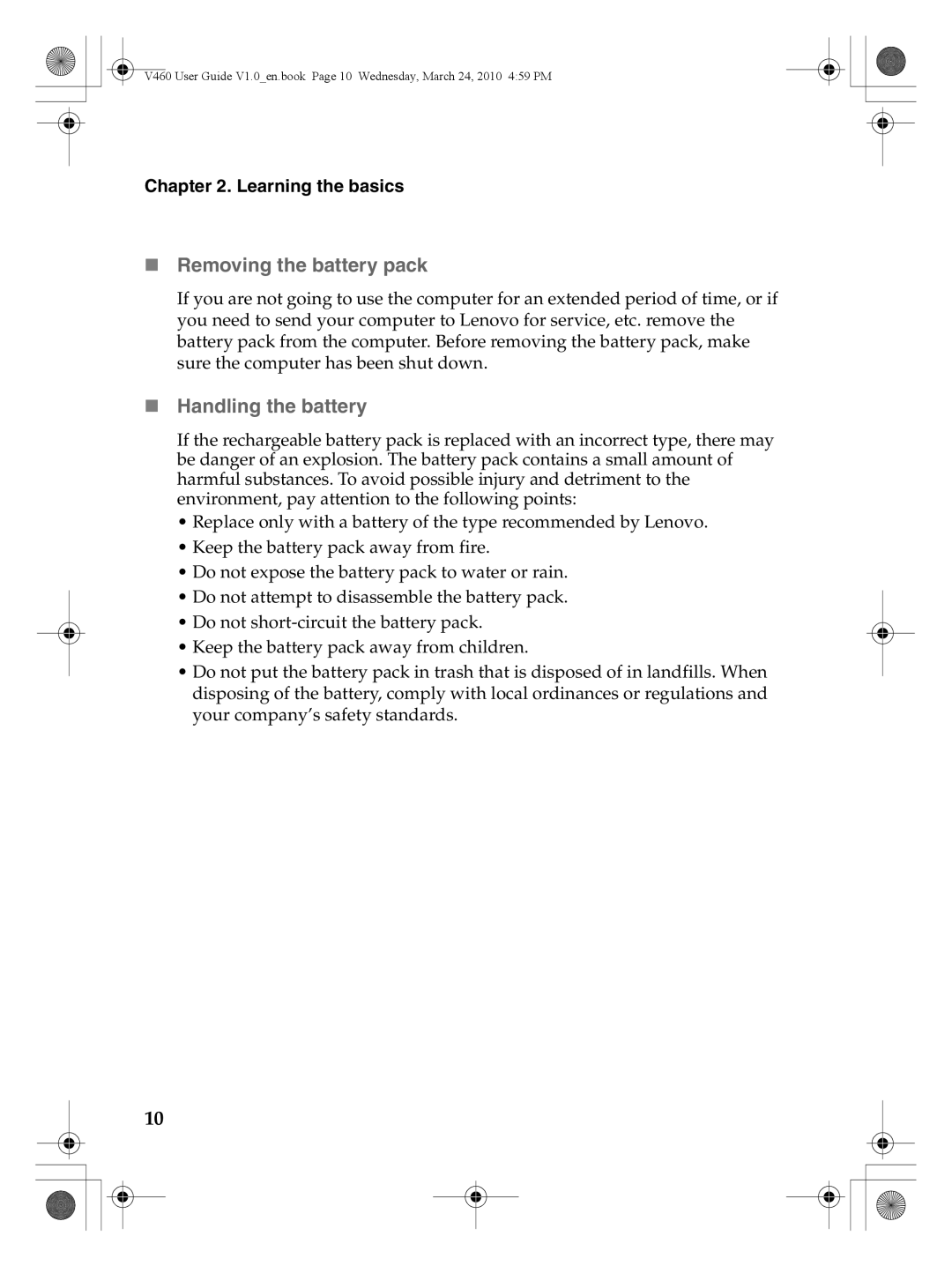 Lenovo V460 manual „ Removing the battery pack, „ Handling the battery 