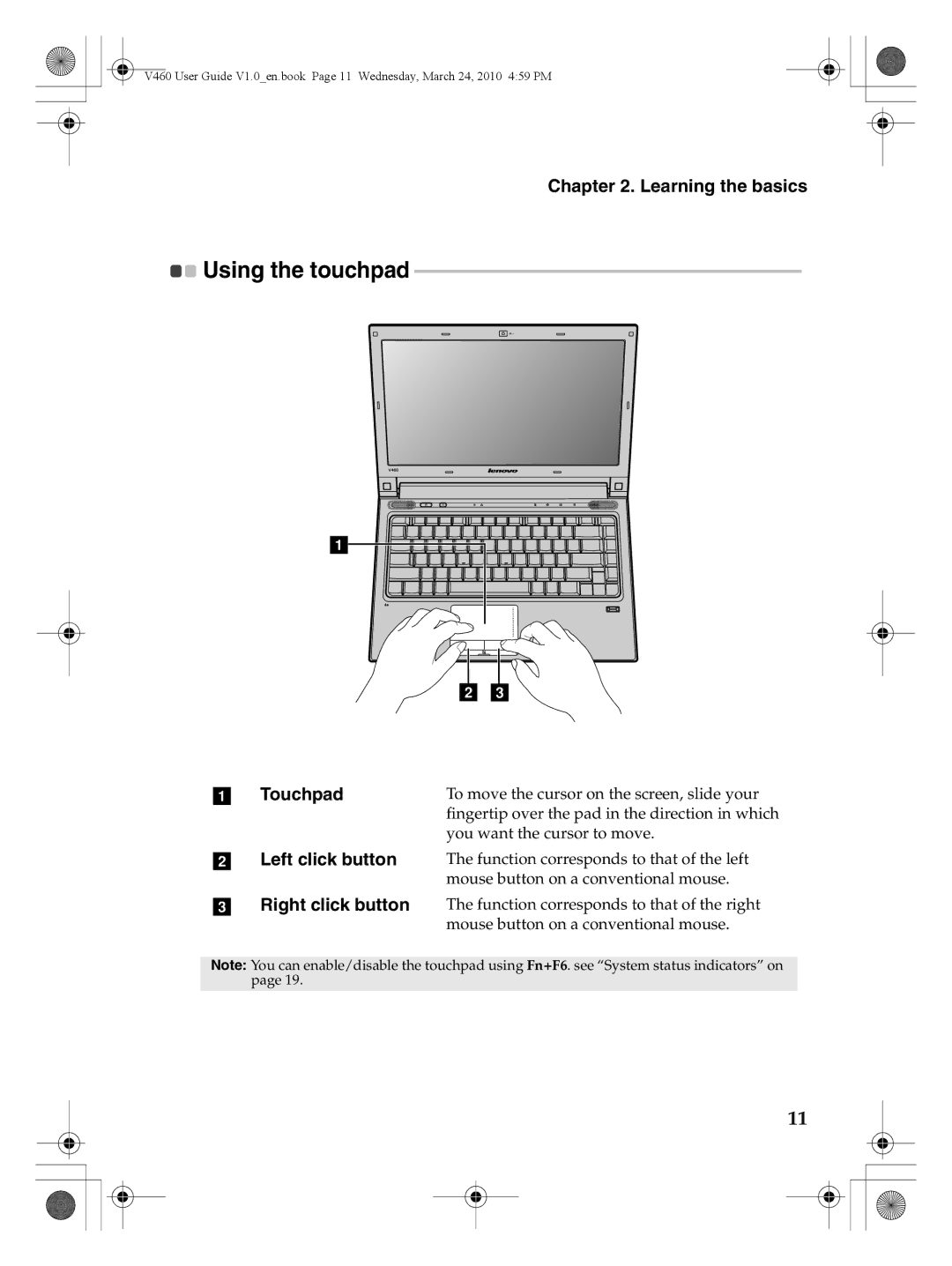 Lenovo V460 manual Using the touchpad, Touchpad 