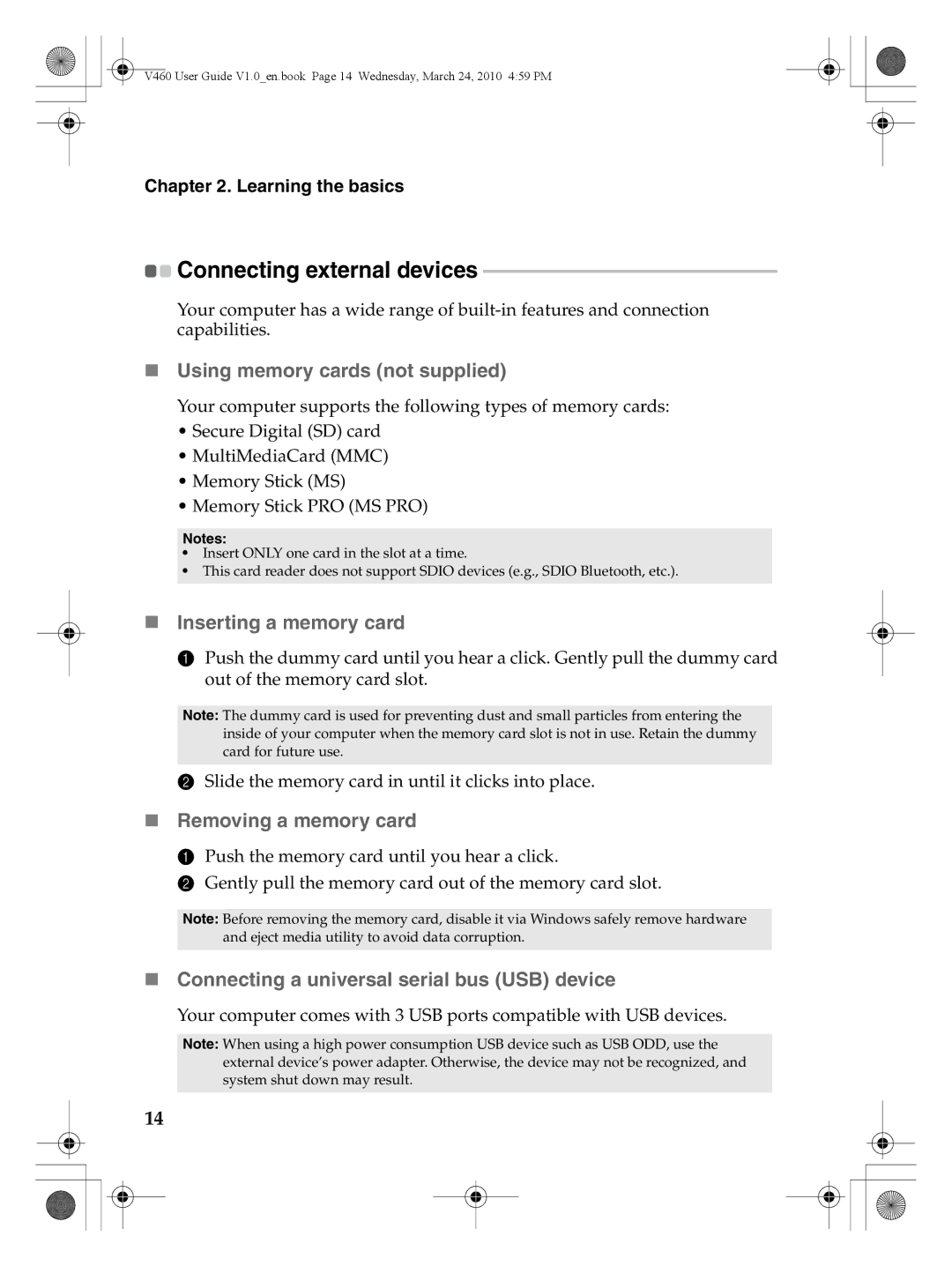 Lenovo V460 manual Connecting external devices, „ Using memory cards not supplied, „ Inserting a memory card 