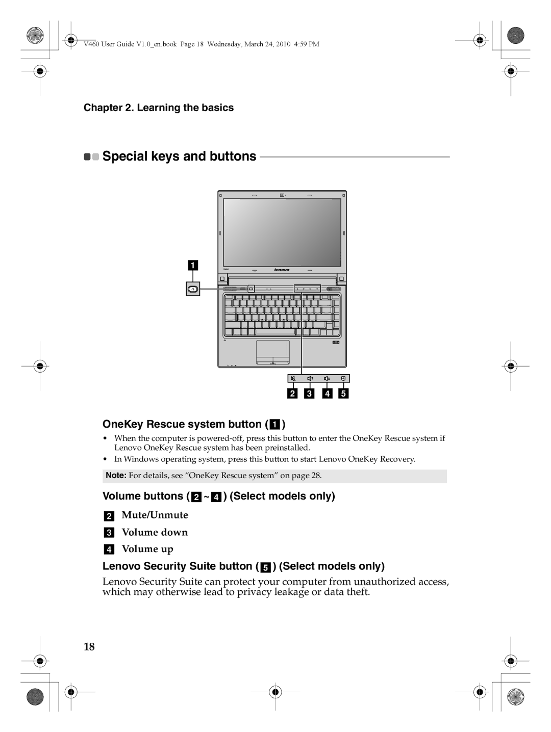 Lenovo V460 manual Special keys and buttons, OneKey Rescue system button a, Volume buttons b~d Select models only 