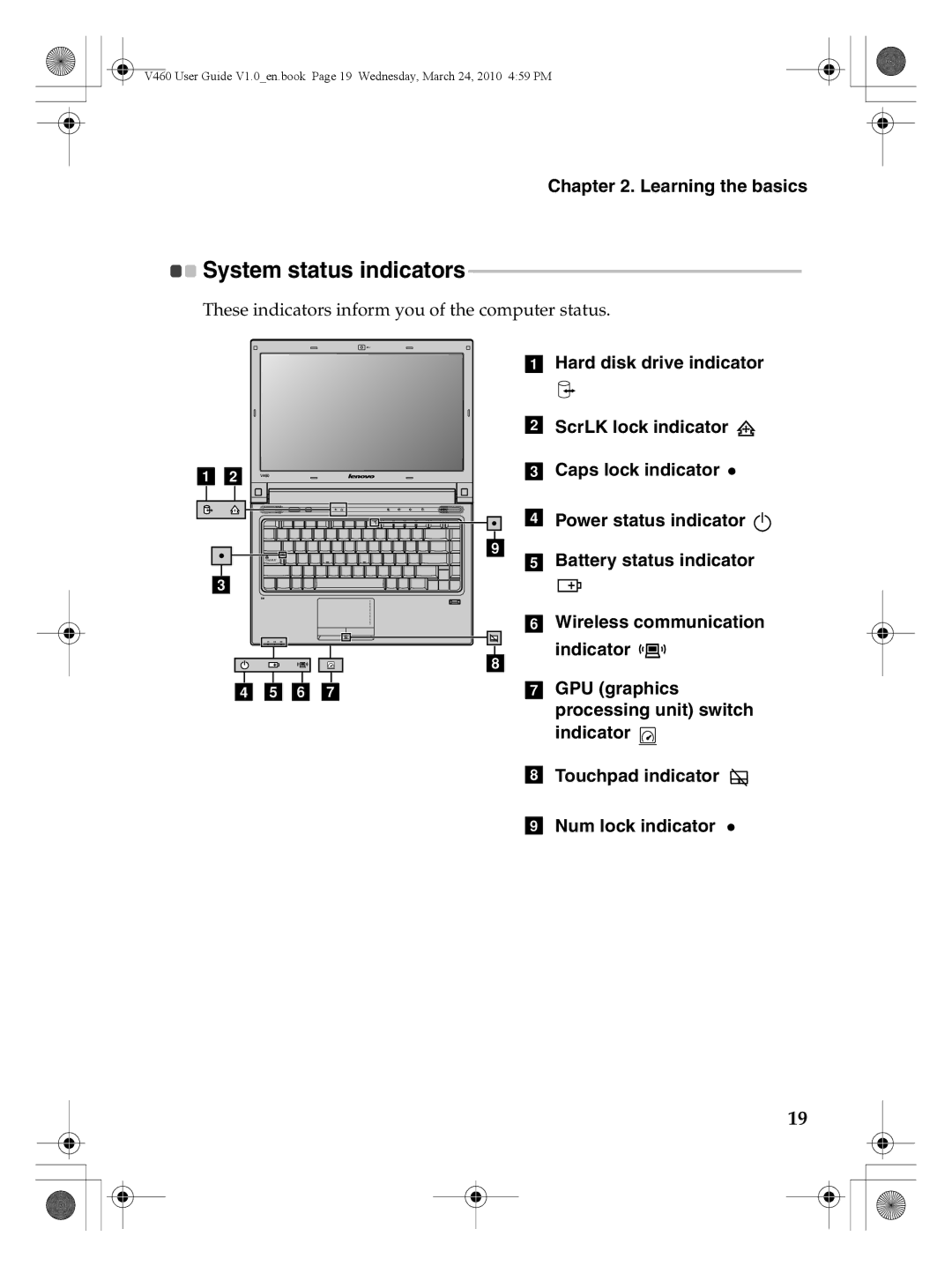 Lenovo V460 manual System status indicators 