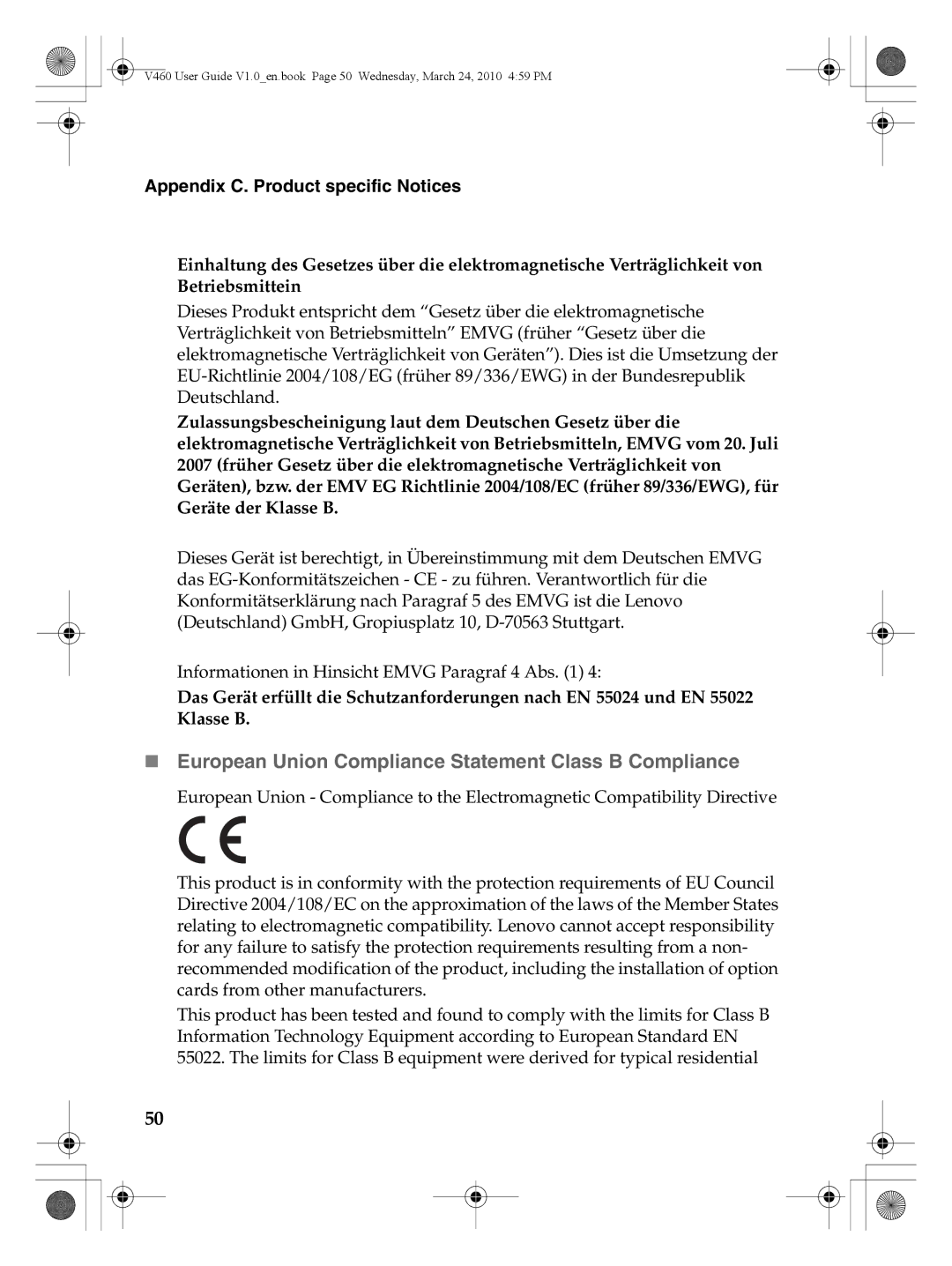 Lenovo V460 manual „ European Union Compliance Statement Class B Compliance 