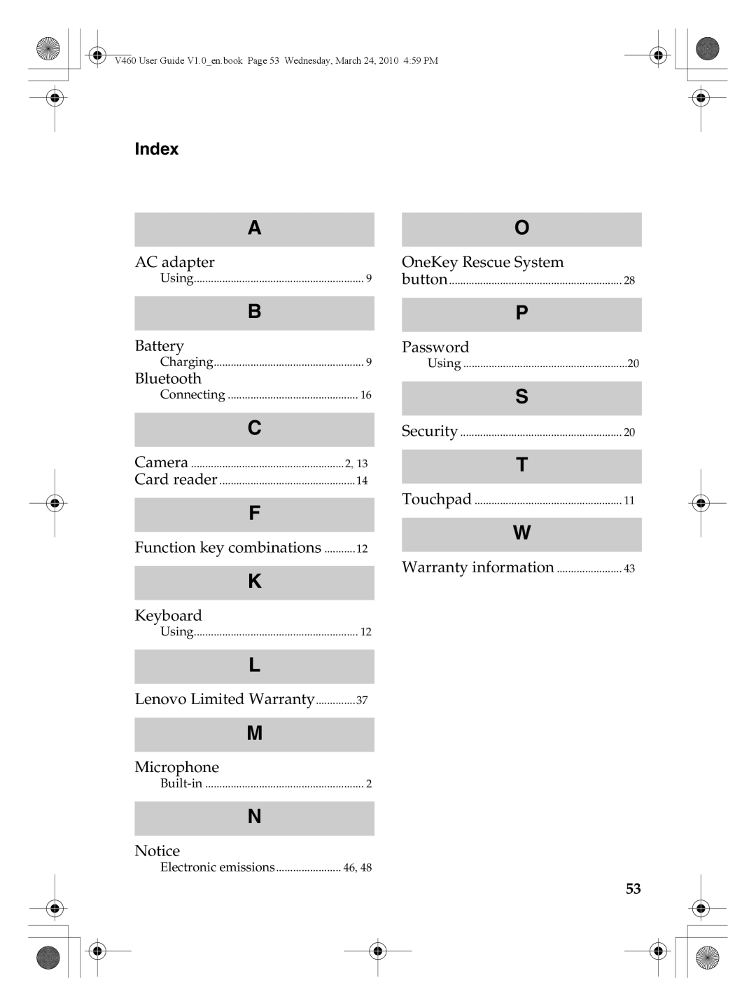 Lenovo V460 manual Index 