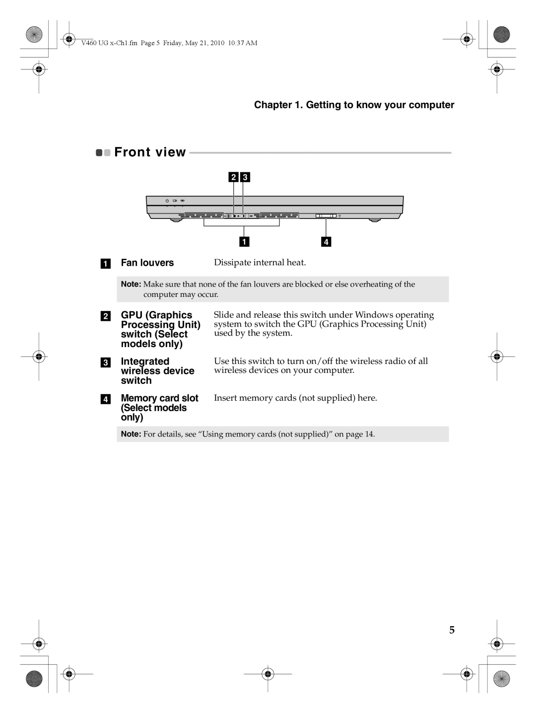 Lenovo V460 manual Front view 