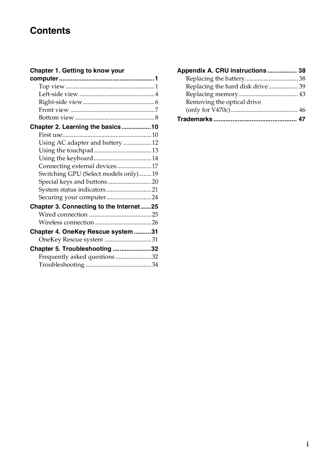 Lenovo V570C, V470C manual Contents 