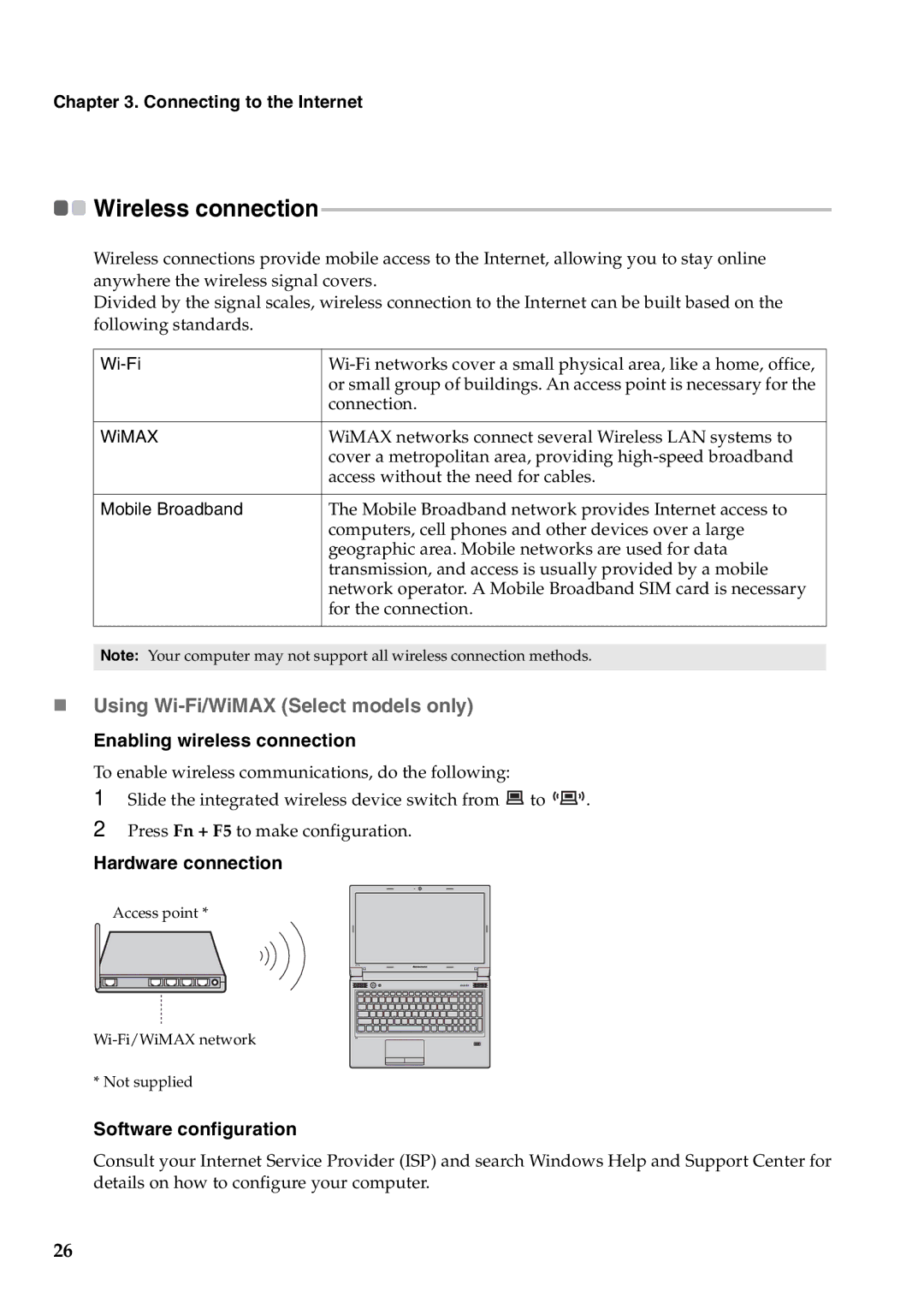 Lenovo V470C, V570C manual „ Using Wi-Fi/WiMAX Select models only, Connecting to the Internet, Enabling wireless connection 
