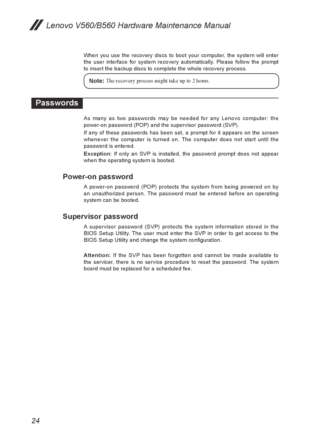 Lenovo V560 manual Passwords, Power-on password, Supervisor password 