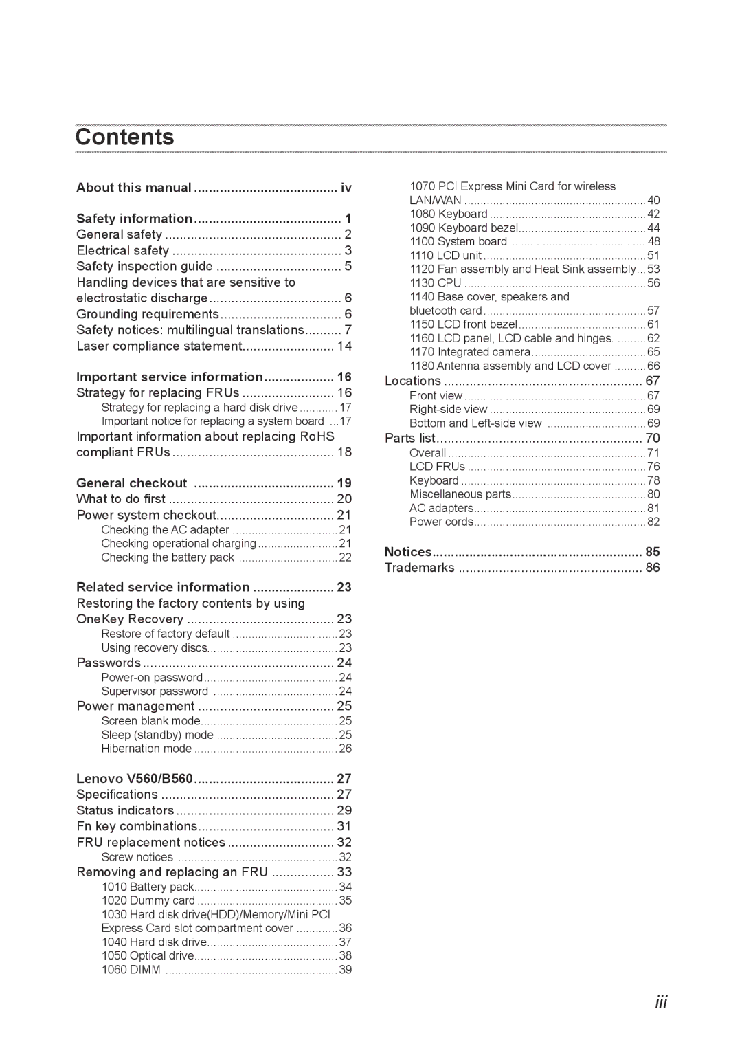 Lenovo V560 manual Contents 