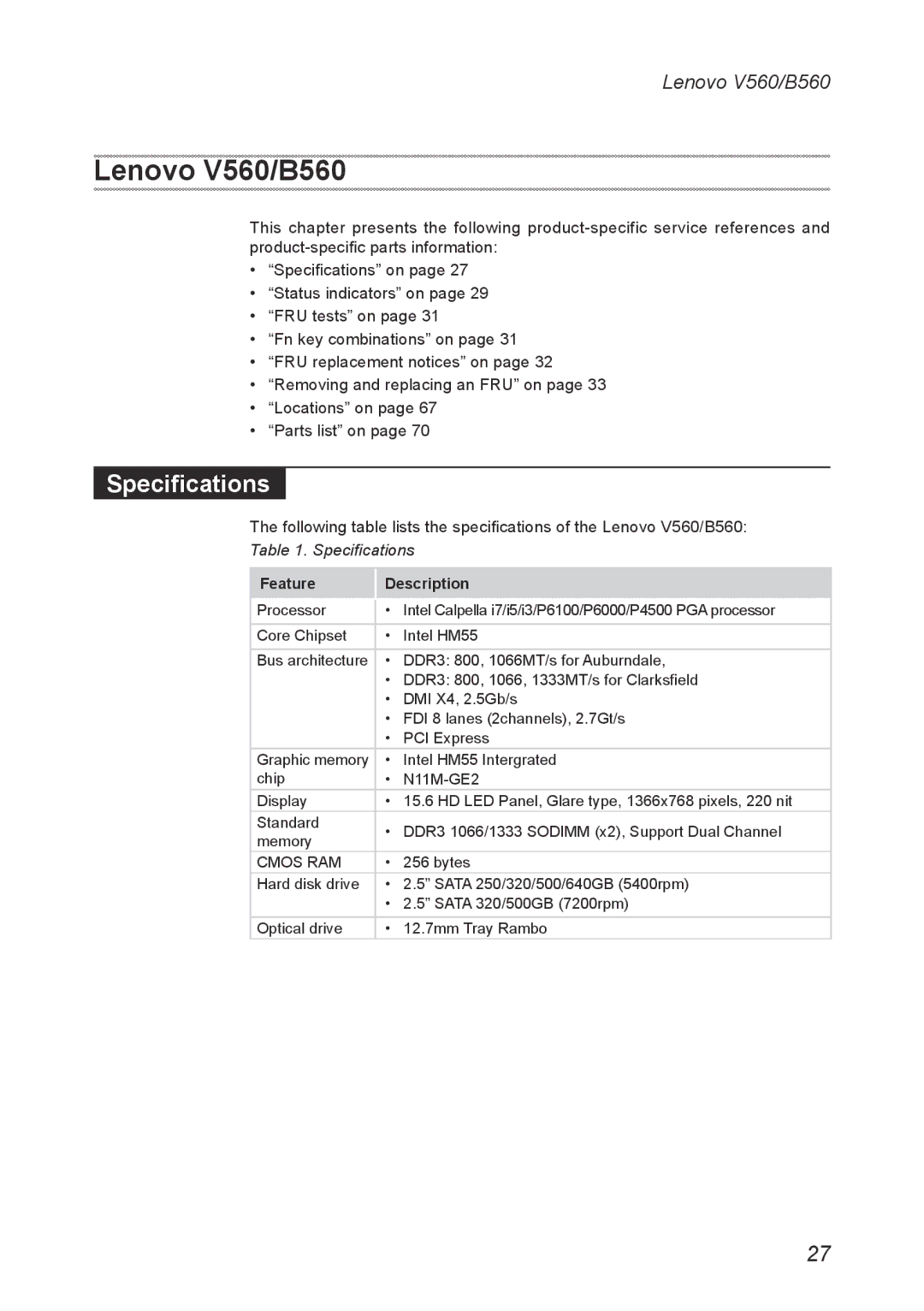 Lenovo V560 manual Specifications 