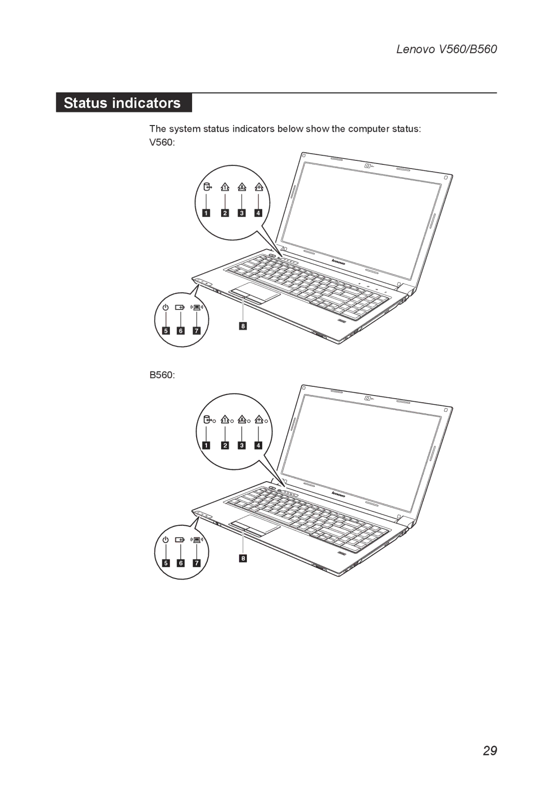 Lenovo V560 manual Status indicators 