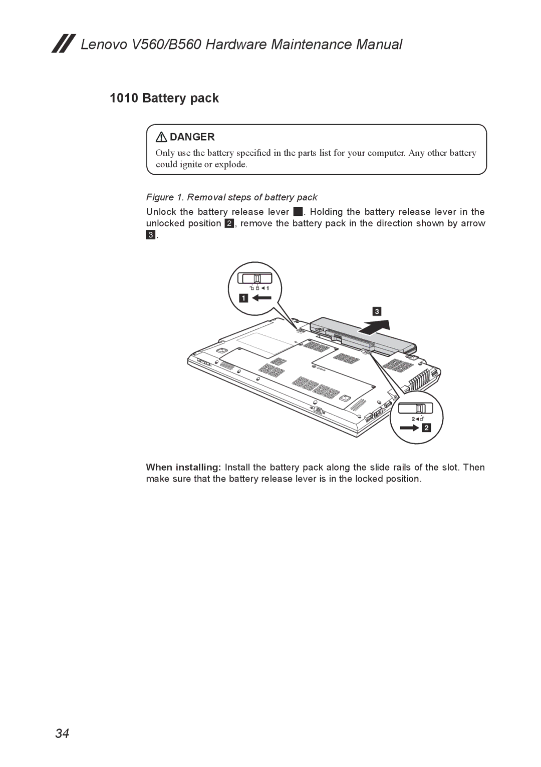 Lenovo V560 manual Battery pack, Removal steps of battery pack 