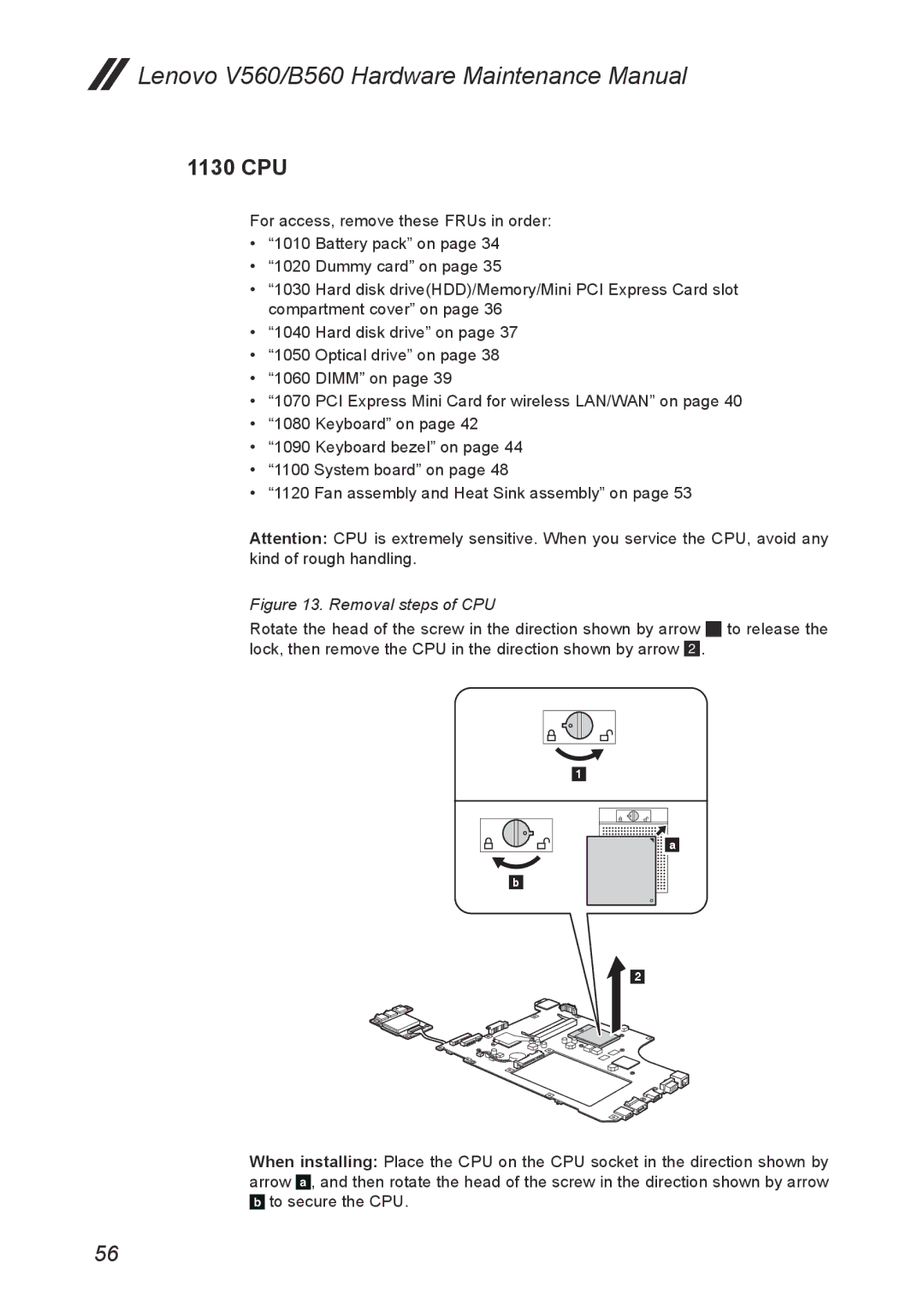 Lenovo V560 manual 1130 CPU, Removal steps of CPU 