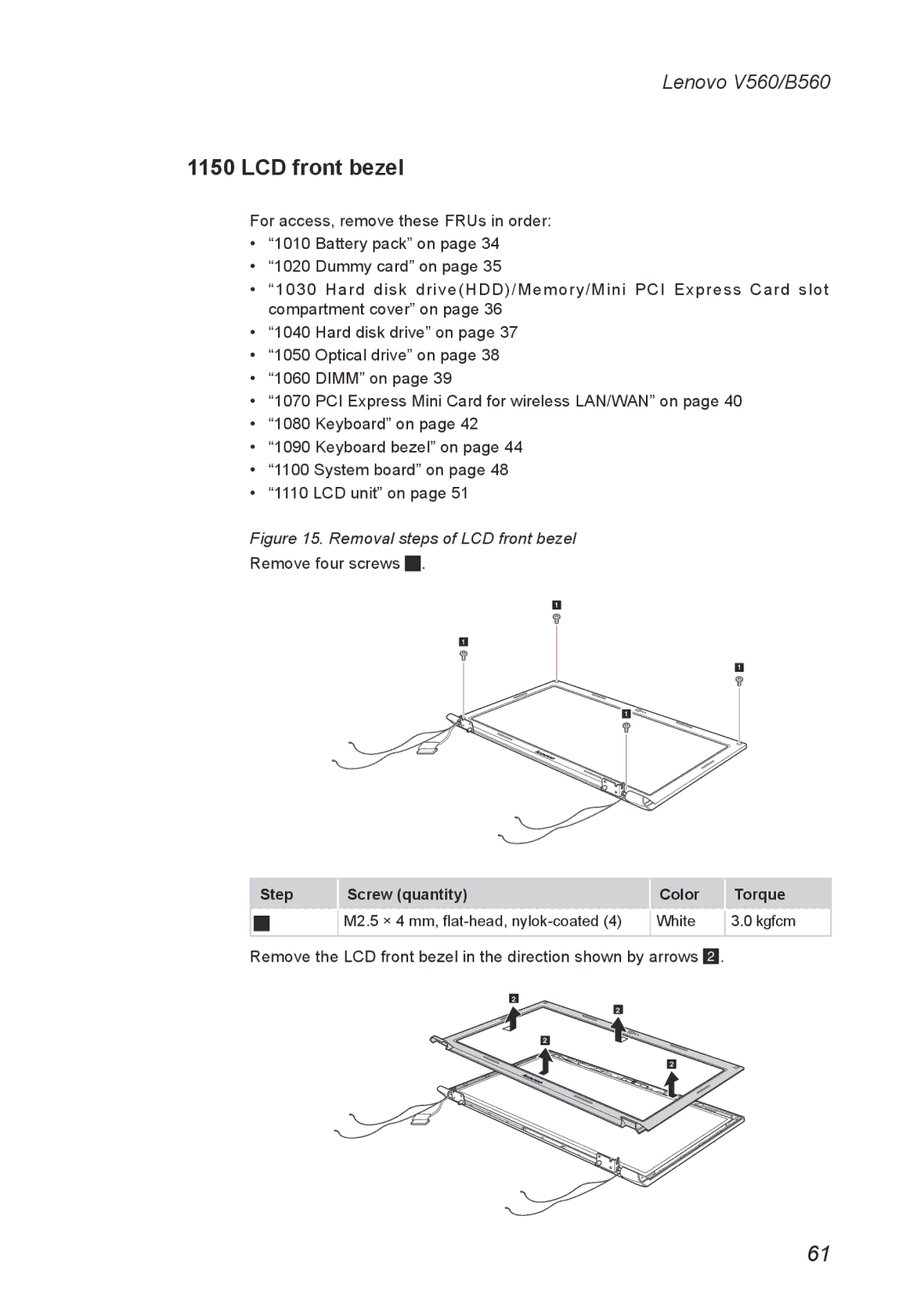 Lenovo V560 manual Removal steps of LCD front bezel 