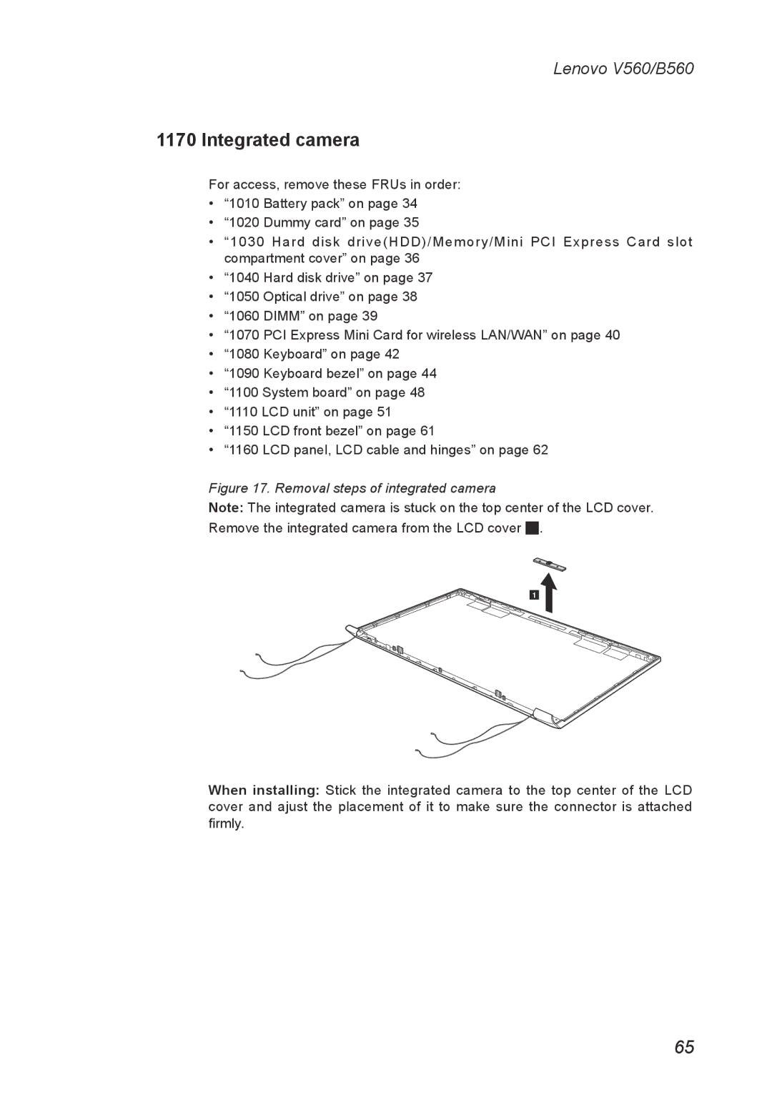 Lenovo V560 manual Integrated camera, Removal steps of integrated camera 