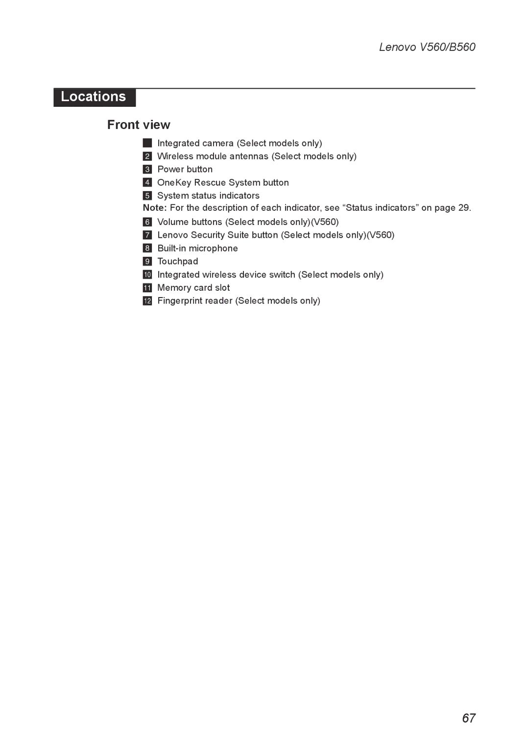 Lenovo V560 manual Locations, Front view 