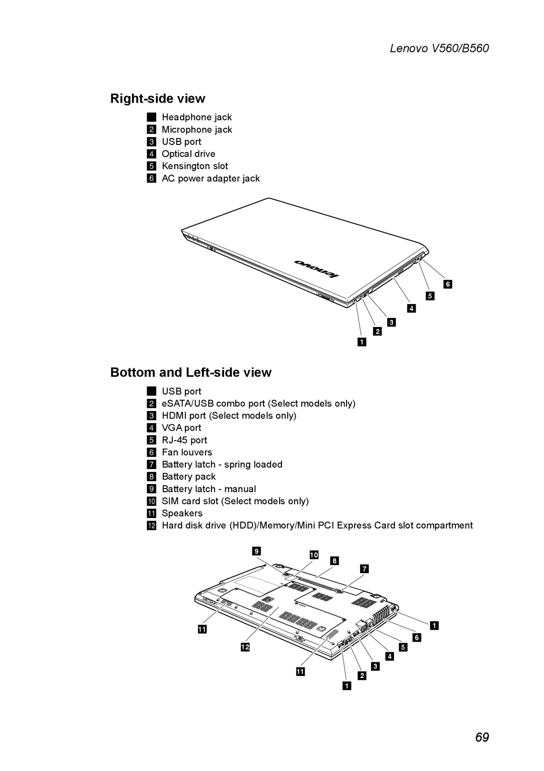 Lenovo V560 manual Right-side view, Bottom and Left-side view 