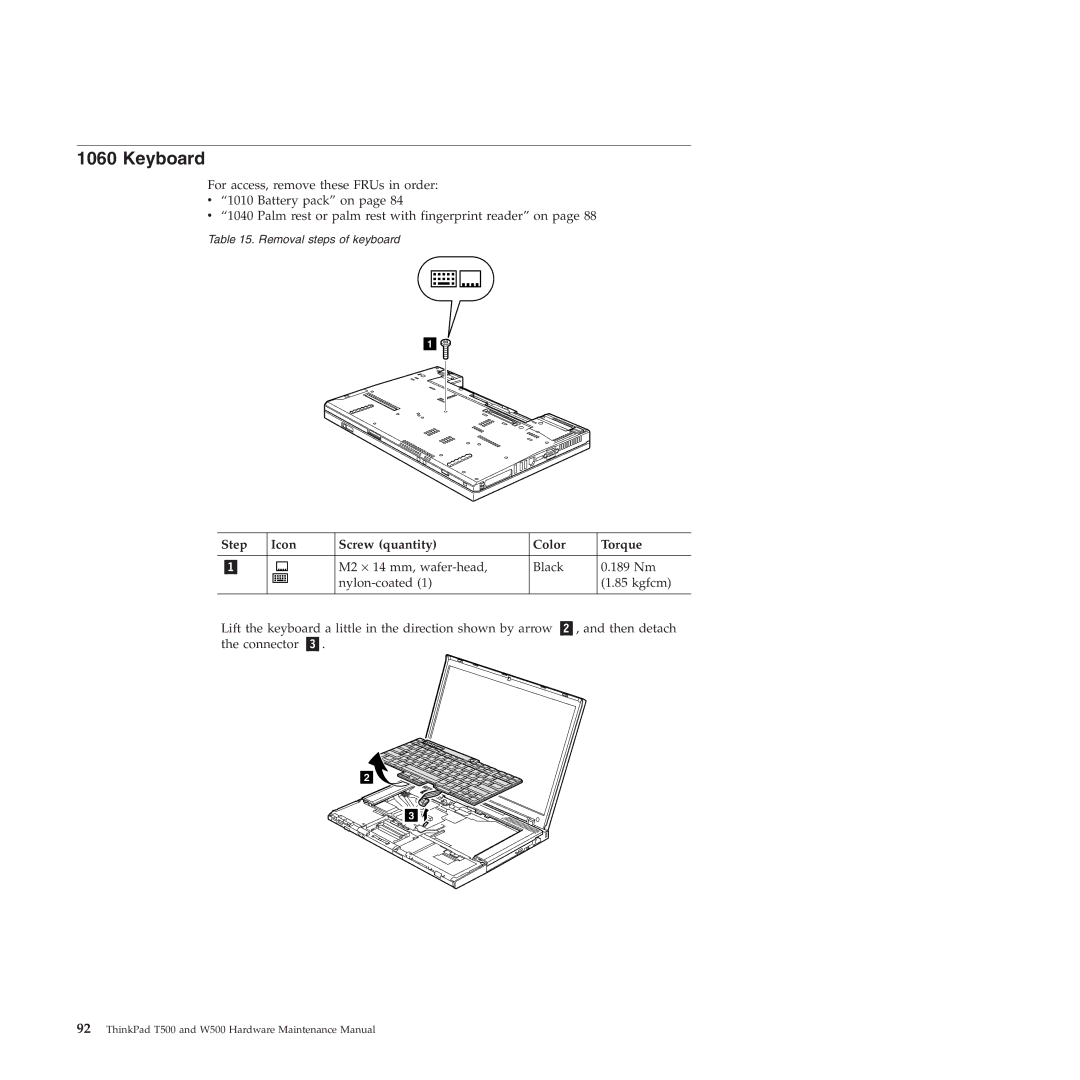 Lenovo W500 manual Keyboard, Step Icon Screw quantity Color Torque 