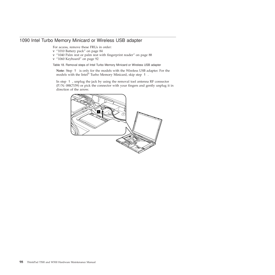 Lenovo W500 manual Intel Turbo Memory Minicard or Wireless USB adapter 