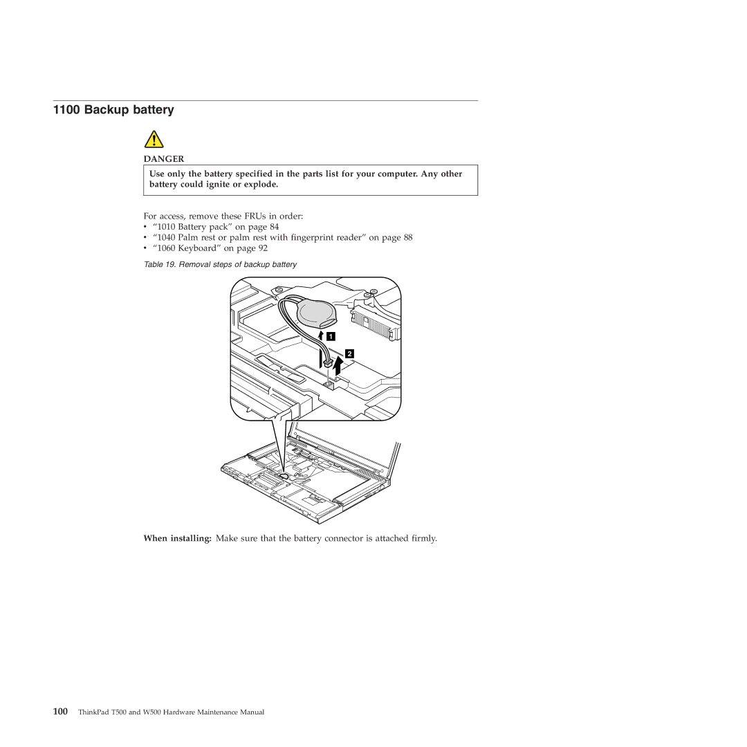 Lenovo W500 manual Backup battery 