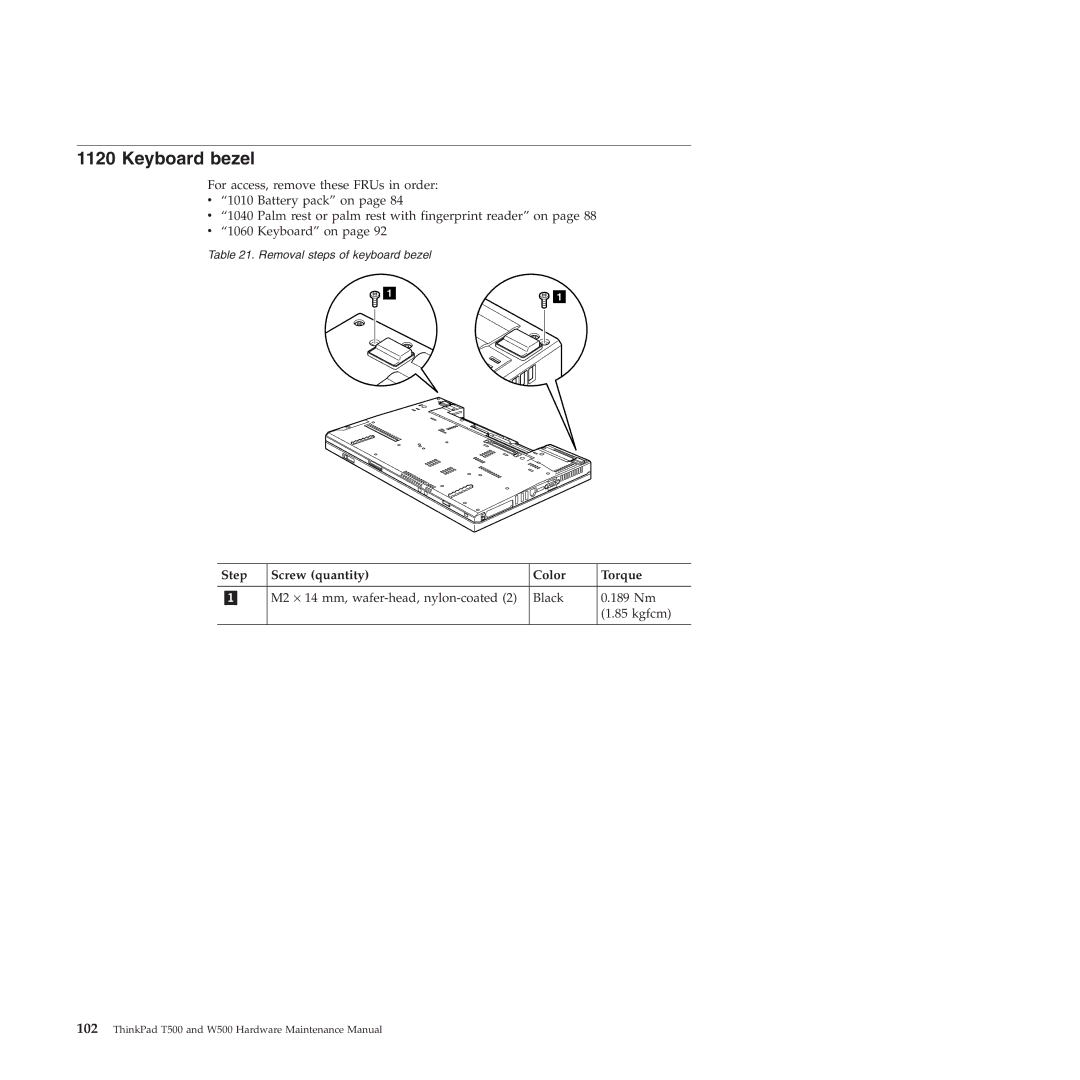 Lenovo W500 manual Keyboard bezel 