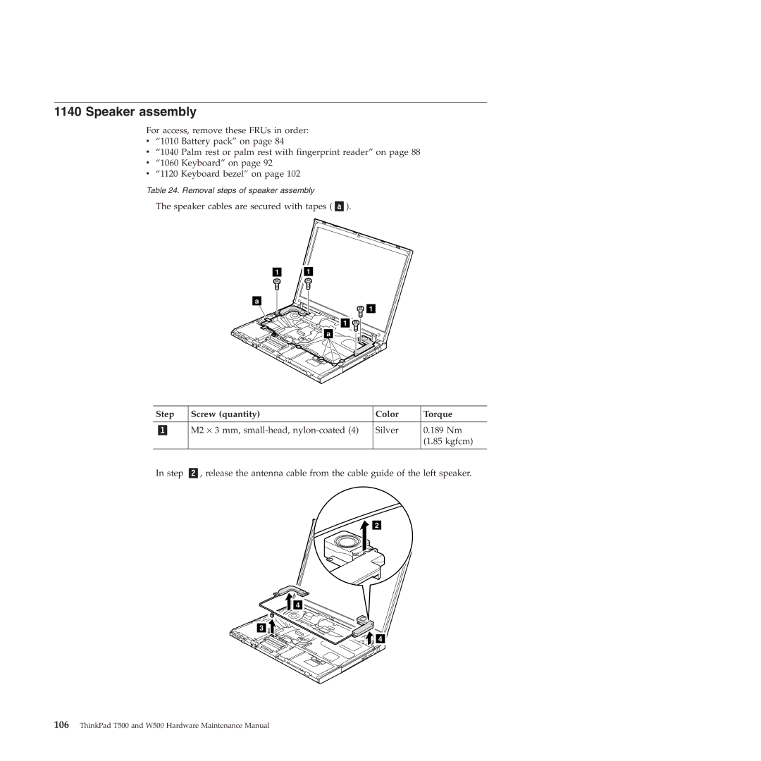 Lenovo W500 manual Speaker assembly 