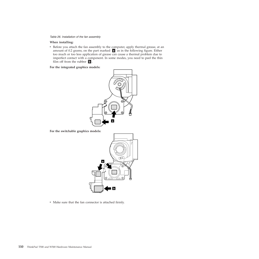 Lenovo W500 manual Make sure that the fan connector is attached firmly 