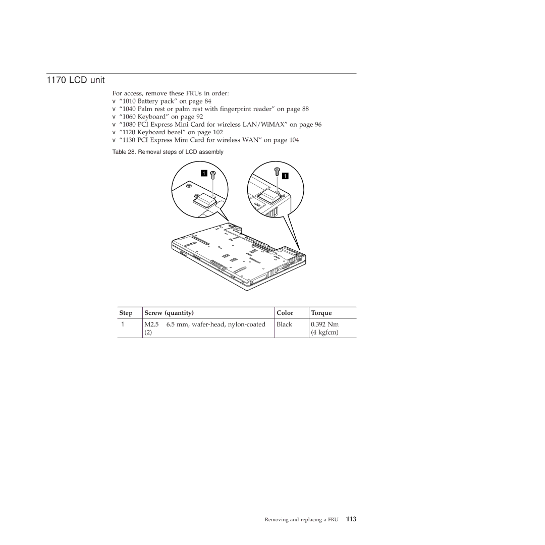 Lenovo W500 manual LCD unit, Step Screw quantity Color Torque 