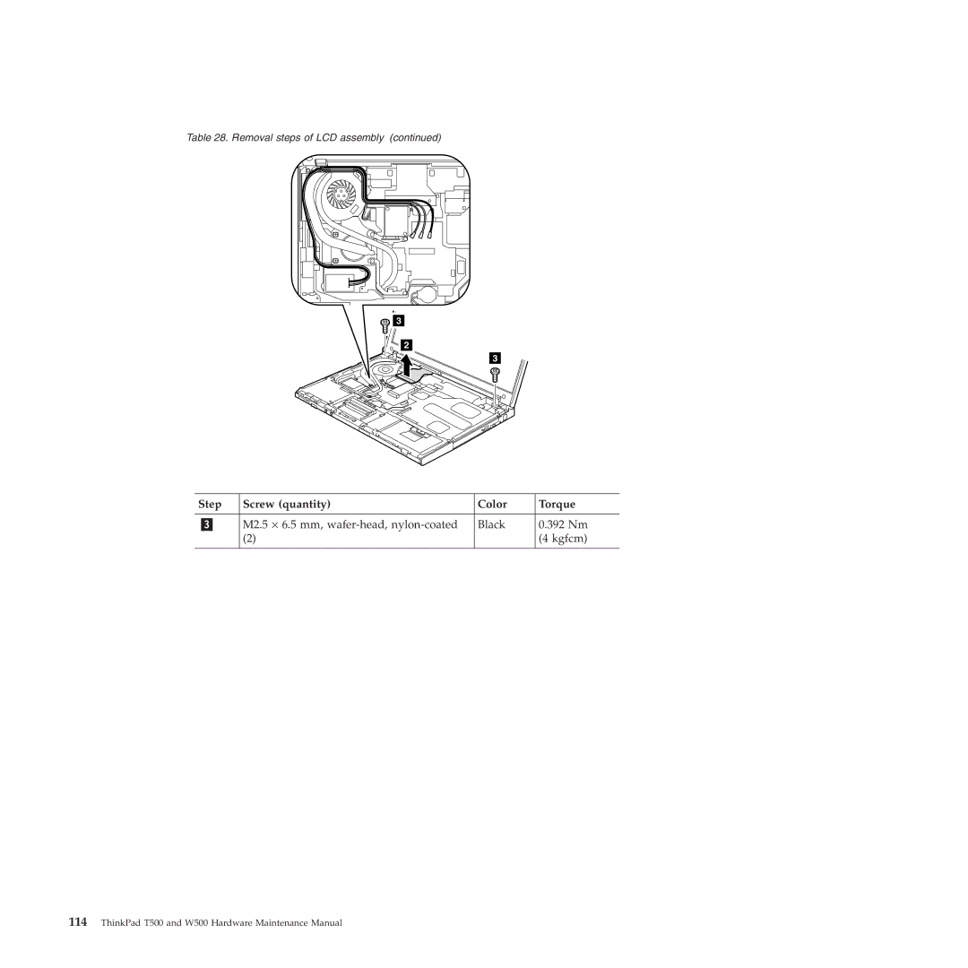 Lenovo W500 manual Step Screw quantity Color Torque 