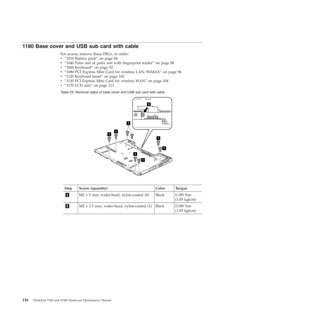 Lenovo W500 manual Base cover and USB sub card with cable 