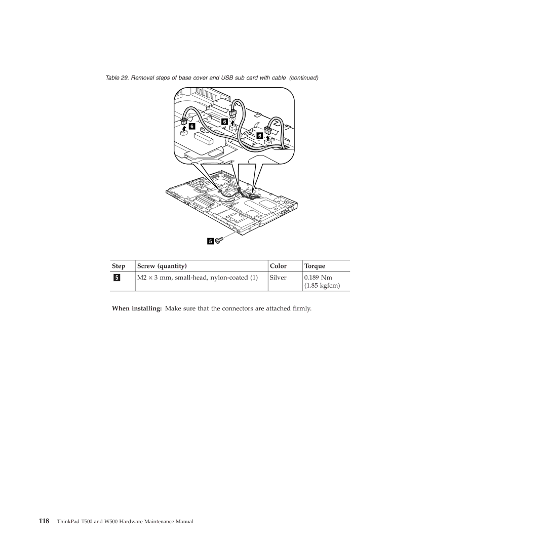 Lenovo W500 manual Step Screw quantity Color Torque 