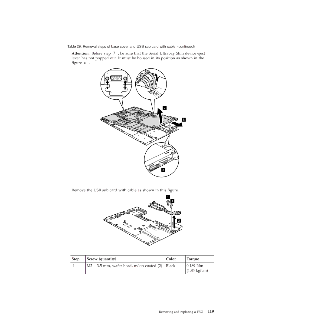 Lenovo W500 manual Remove the USB sub card with cable as shown in this figure 