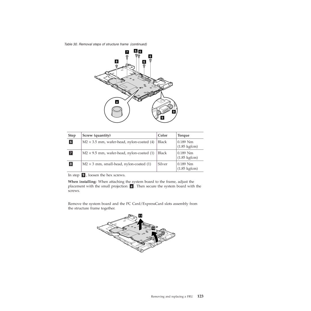 Lenovo W500 manual Step Screw quantity Color Torque 