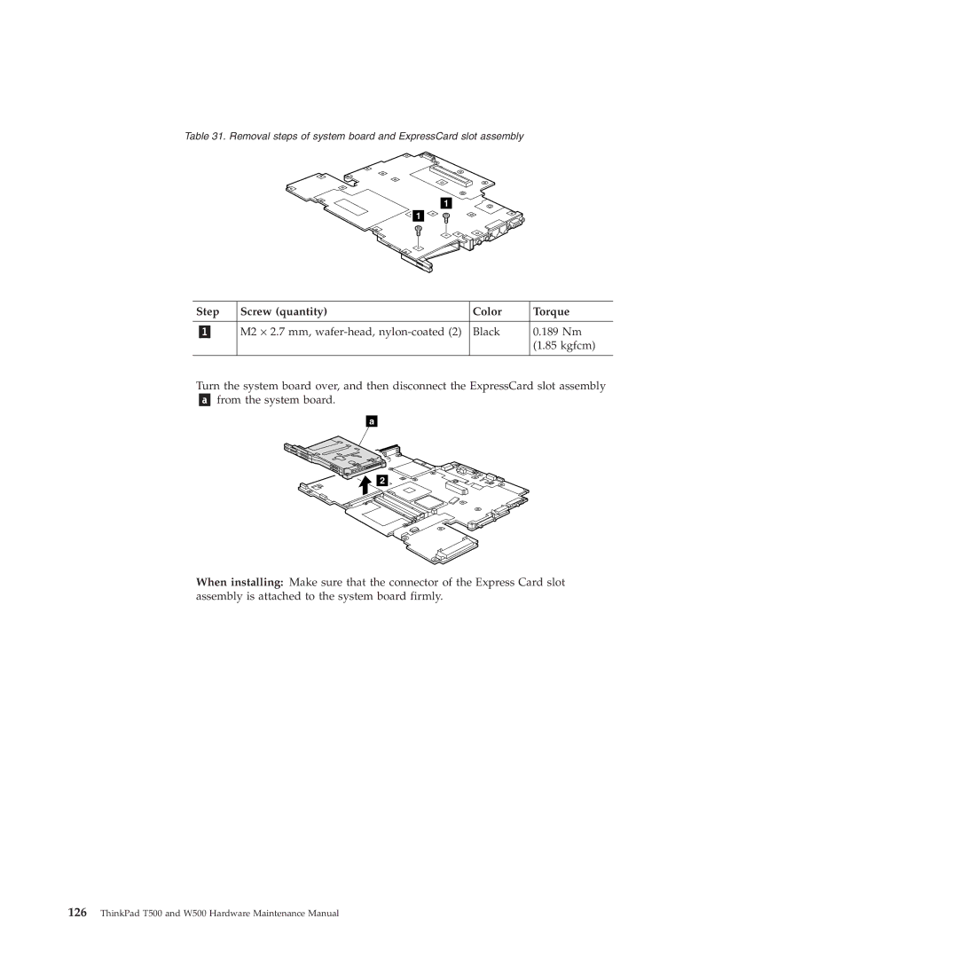 Lenovo W500 manual Removal steps of system board and ExpressCard slot assembly 