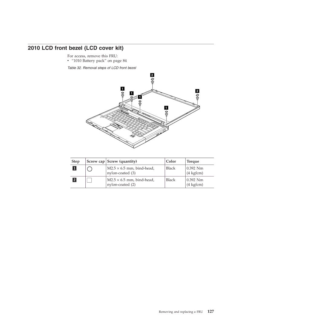 Lenovo W500 manual LCD front bezel LCD cover kit, Step Screw cap Screw quantity Color Torque 