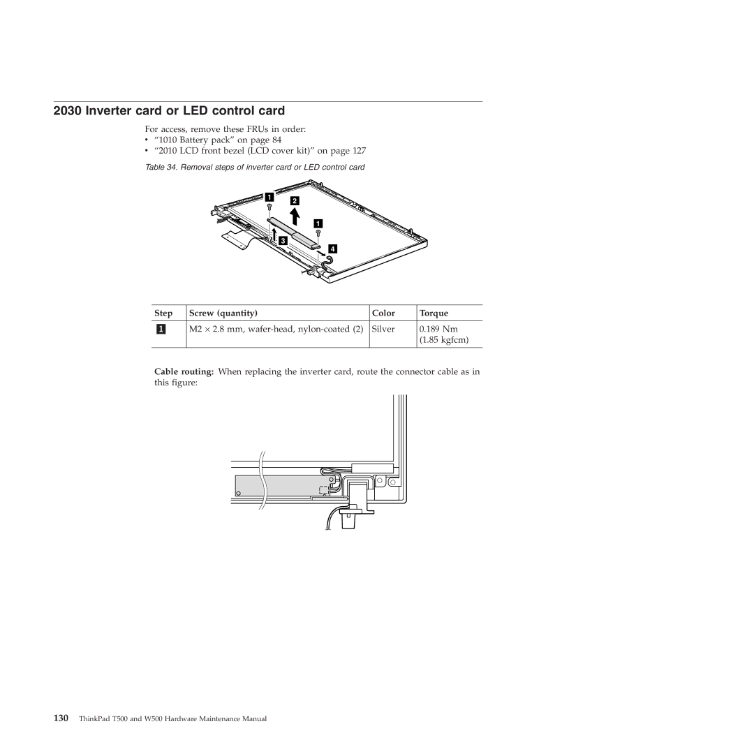 Lenovo W500 manual Inverter card or LED control card, Step Screw quantity Color Torque 