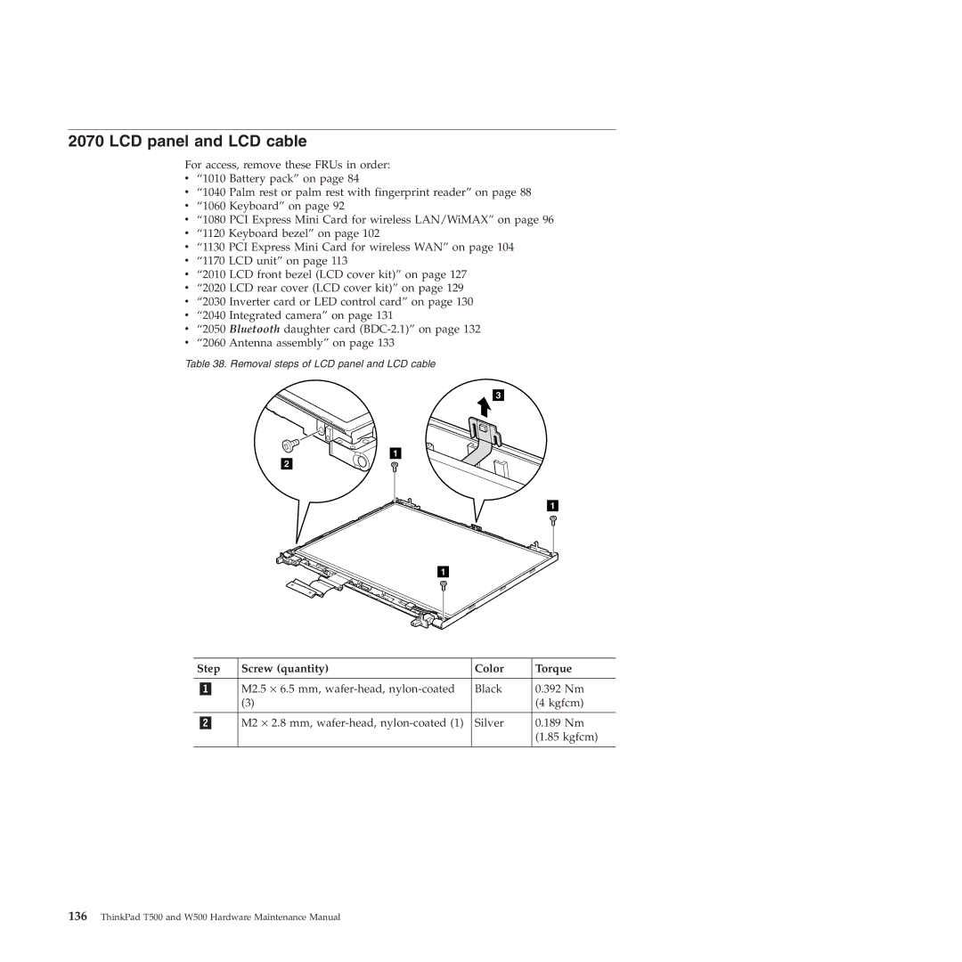 Lenovo W500 manual LCD panel and LCD cable, Step Screw quantity Color Torque 