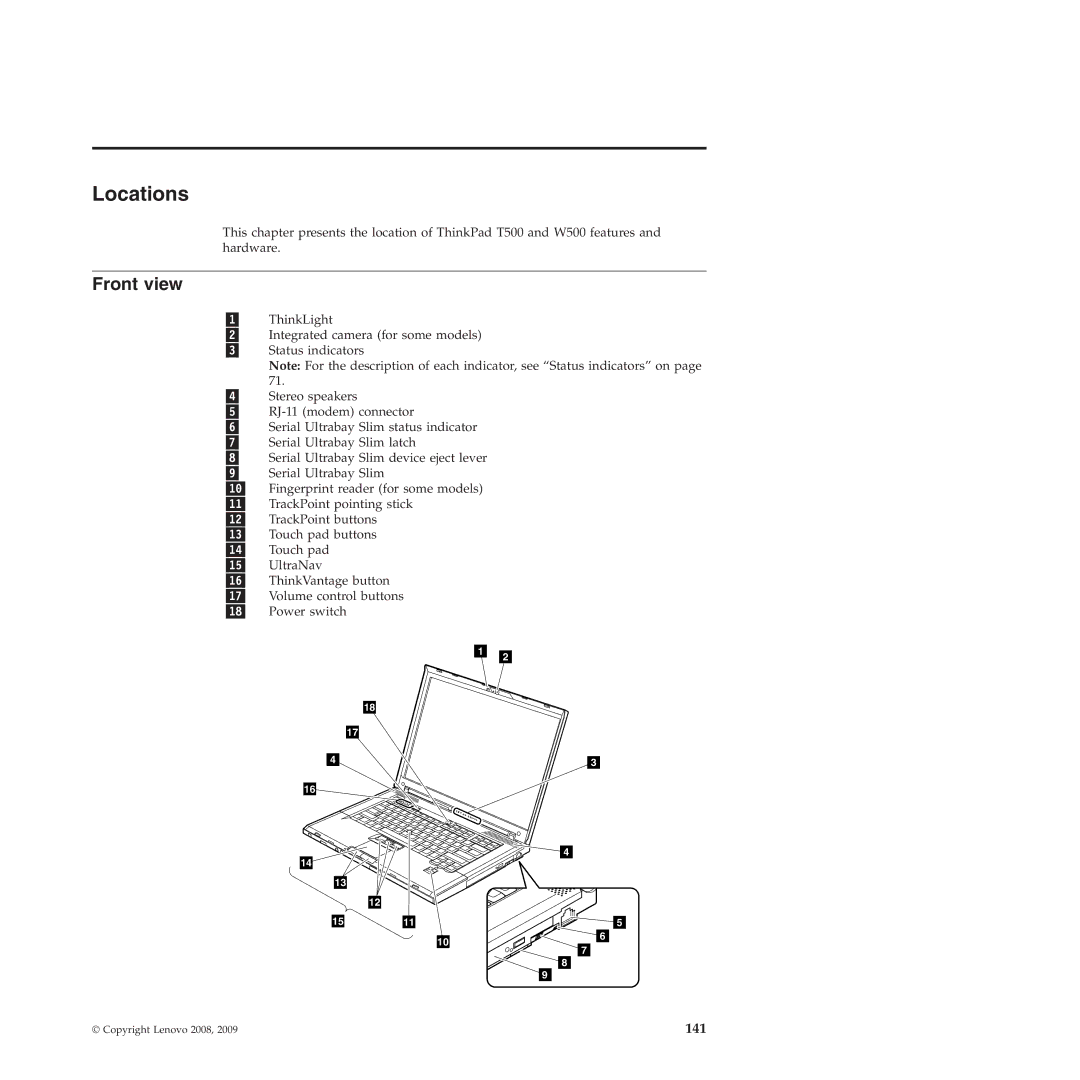 Lenovo W500 manual Locations, Front view 