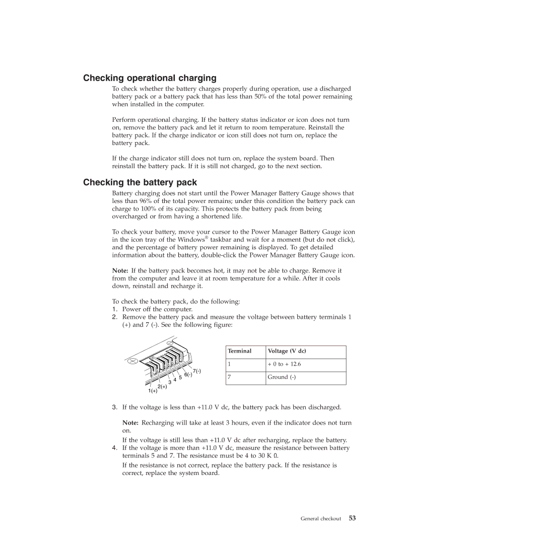 Lenovo W500 manual Checking operational charging, Checking the battery pack, Terminal Voltage V dc 