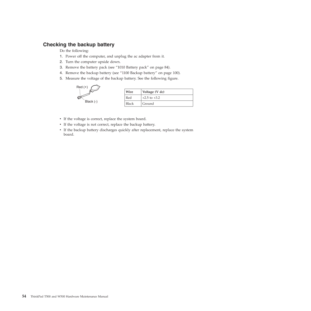 Lenovo W500 manual Checking the backup battery, Wire Voltage V dc 