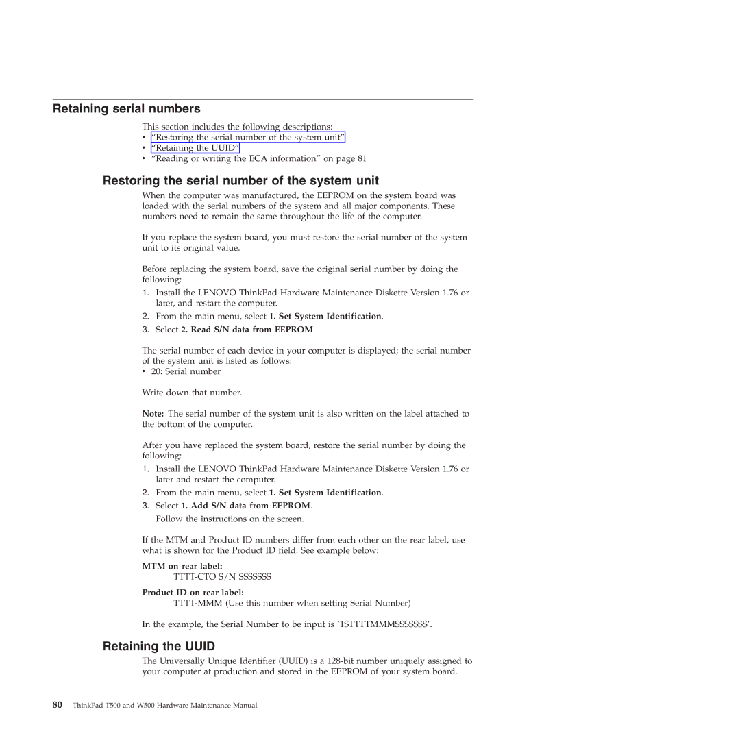 Lenovo W500 manual Retaining serial numbers, Restoring the serial number of the system unit, Retaining the Uuid 