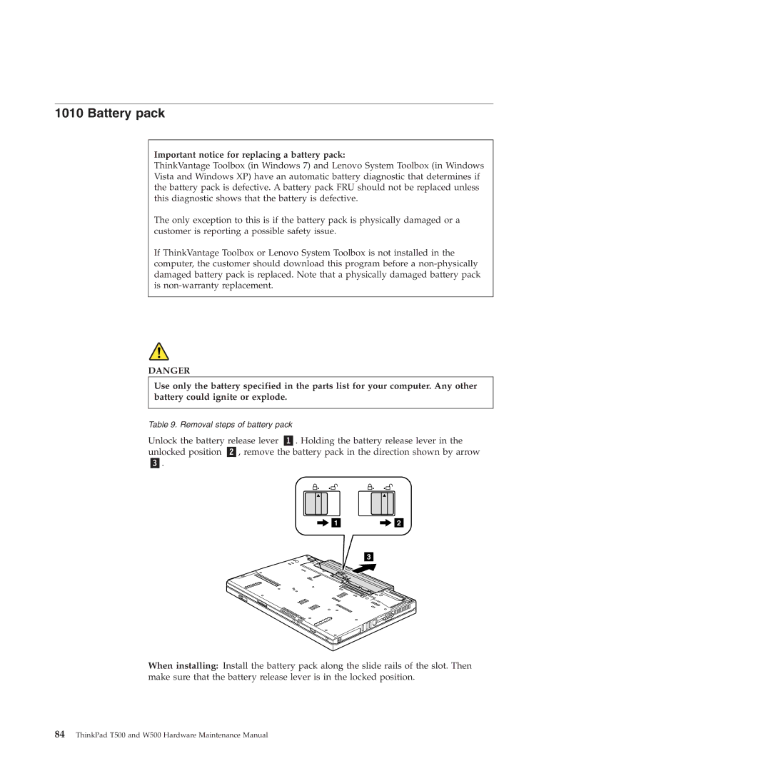 Lenovo W500 manual Battery pack, Important notice for replacing a battery pack 