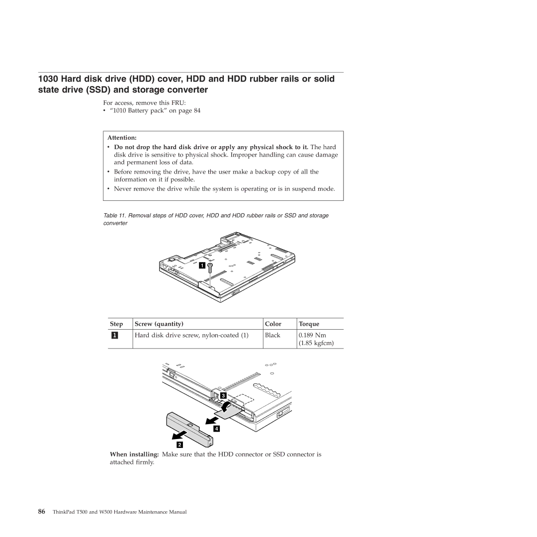 Lenovo W500 manual Step Screw quantity Color Torque 